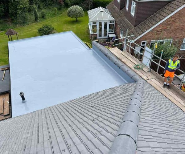 This is a photo of a newly installed hip roof, with a combined liquid covered flat roof. Work carried out by WBN Roofing Rossington